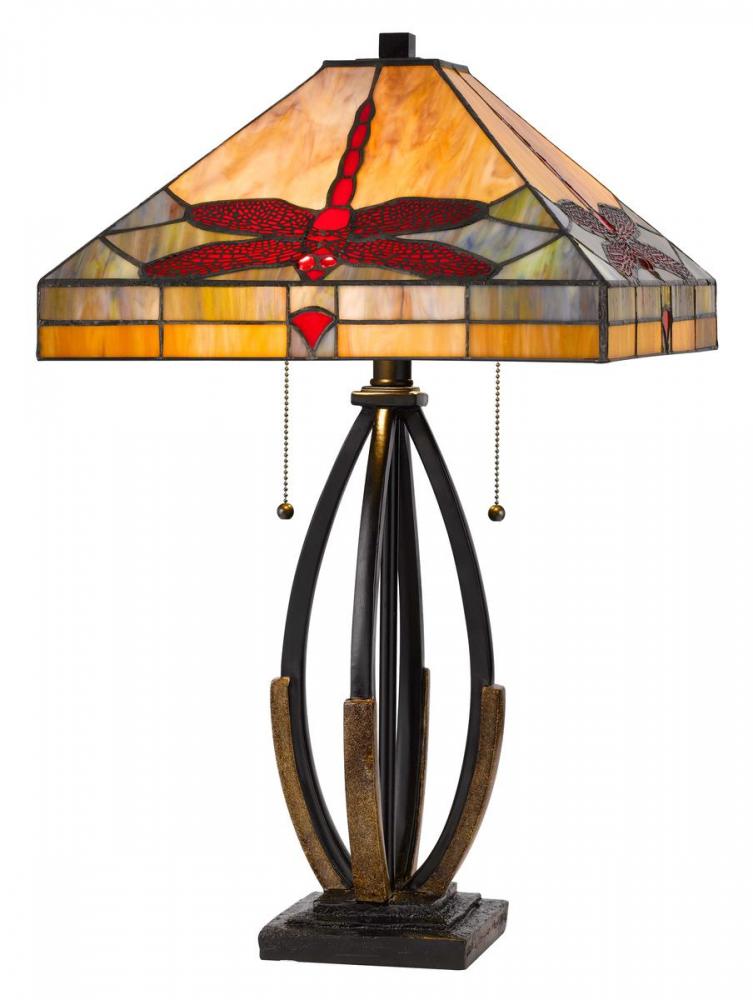 60W X 2 Tiffany Table Lamp with Pull Chain Switch and Metal and Resin Lamp Body