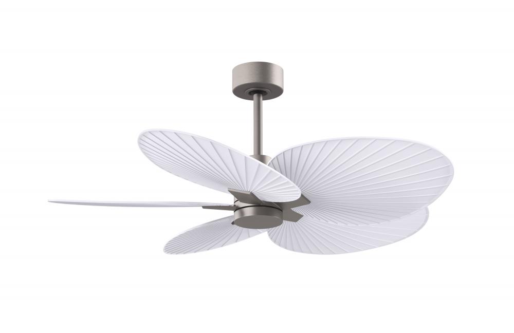 Alessandra Tropical 5-blade ceiling fan in Brushed Nickel and Matte White blades.