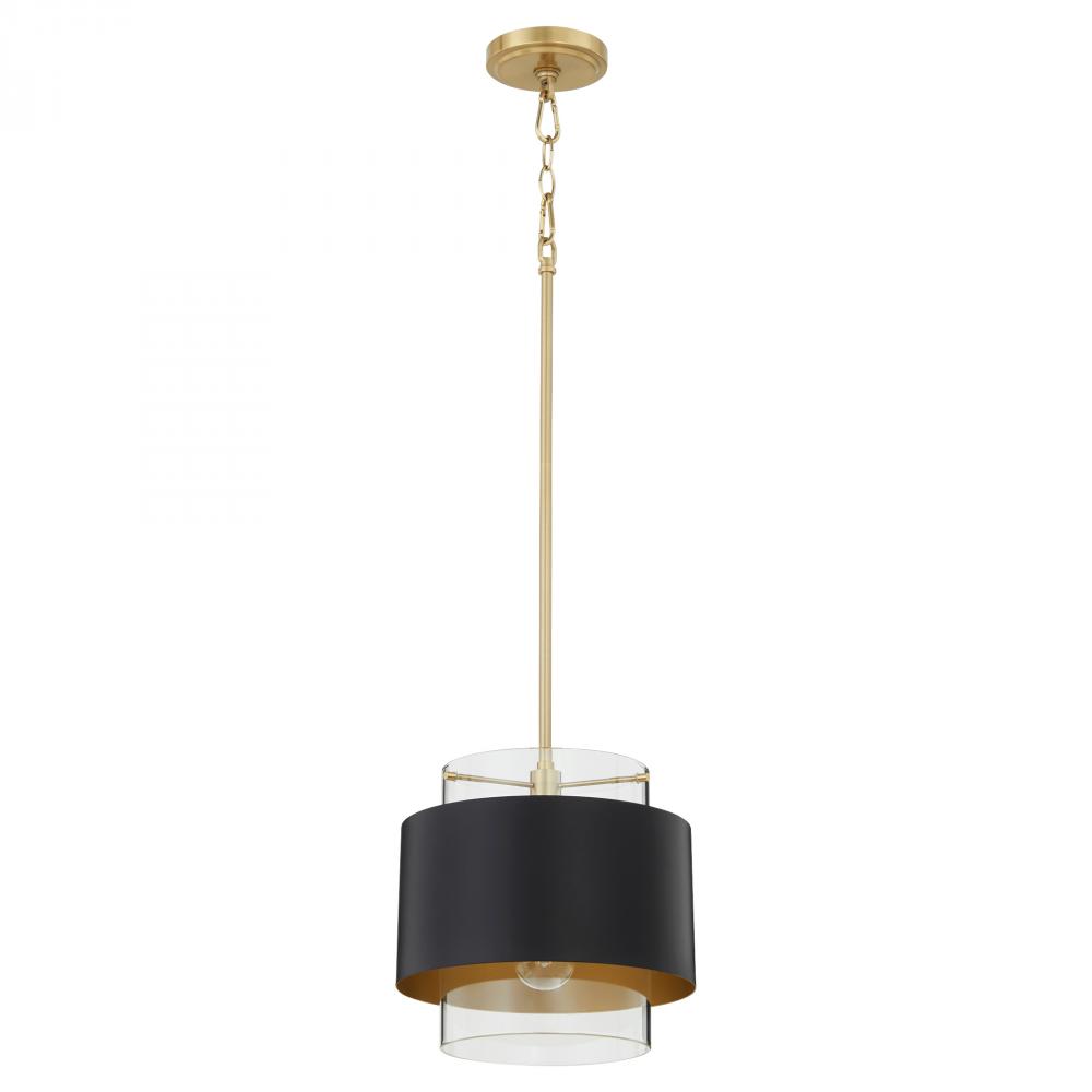 10 inches Clear Glass Pendant, Matte Black, Aged Brass