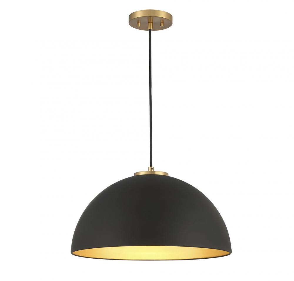 1-Light Pendant in Matte Black with Natural Brass