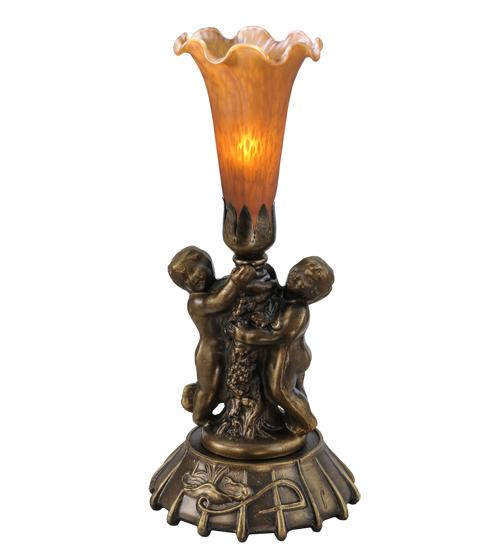 12" High Amber Pond Lily Twin Cherub Mini Lamp